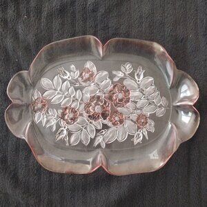Vintage Mikasa Rosella Walther Crystal Pink Rose Floral Glass Platter Like New